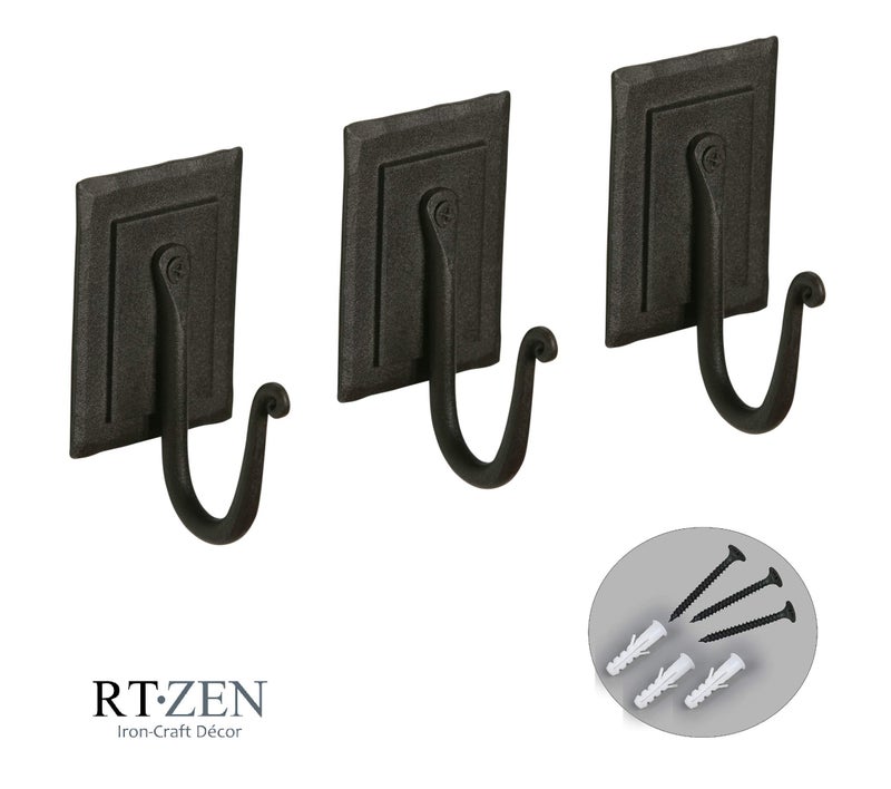 RTZEN Wall Mount Hook Set - Wrought Iron Decorative Rustic Metal Coat Hooks for Hanging - Handcrafted Classic Farmhouse Wall Mounted Black Hooks for Towel Robe or Hat Hanging - 3 Pack - Image 3